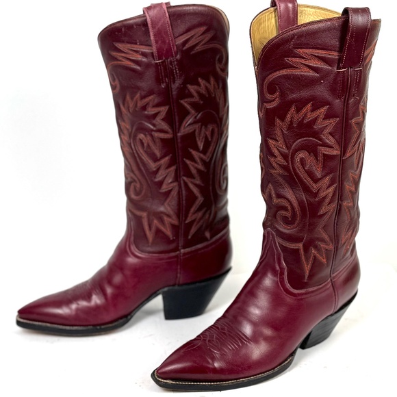 Handmade Austin-Hall Cowboy Boots - Wmns Sz 9B - Burgundy 14" Tall Pointy Toe - Picture 10 of 16